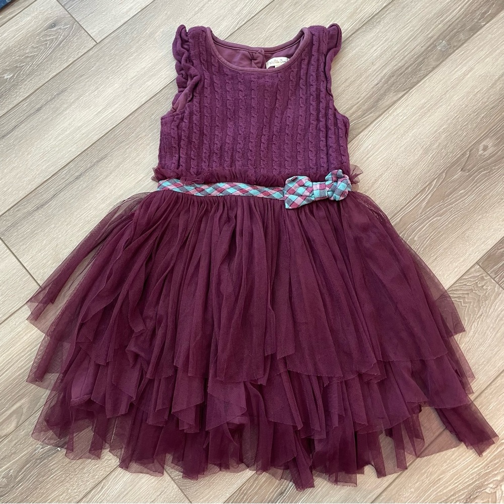 Matilda Jane Plum Soirée Layered Tulle Girl 6 Dress with Plaid Bow Knit Ruffles